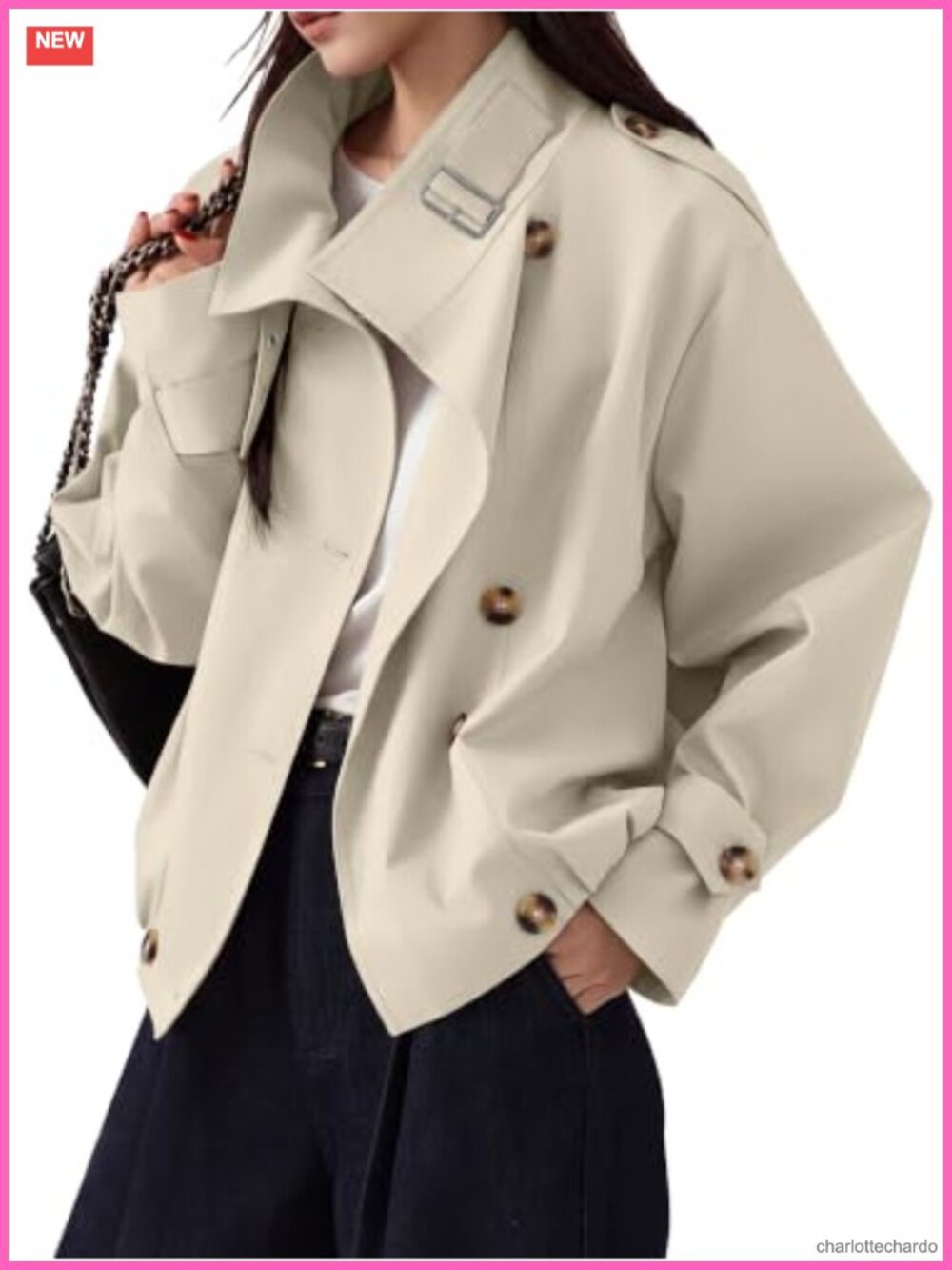 Cropped Trench Coat Vintage Button Jacket with Pockets